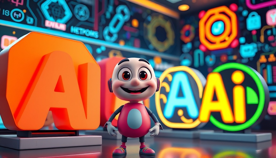 Cartoon character with AI logos in a tech-themed background, AI News and Trends 2023.