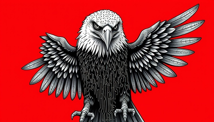 Illustrative eagle with circuit pattern on red background - DOGE AI integration.