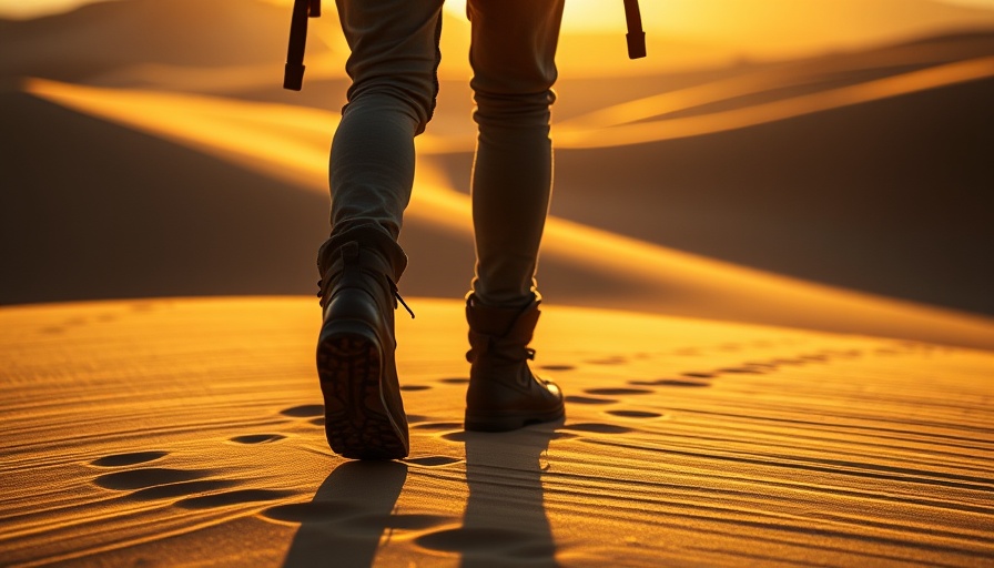 Silhouetted explorer walking on sand dunes at sunrise, embracing change.