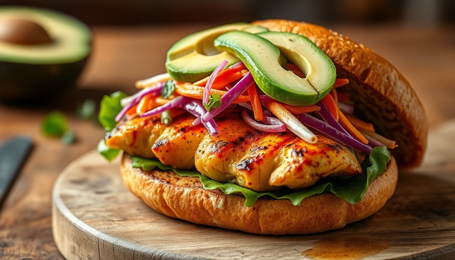 Grilled chicken sandwich with avocado and slaw, perfect for seasonal recipes to cook in May.