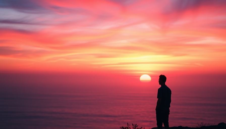 Silhouette gazing at sunset, wasting time and joy theme.