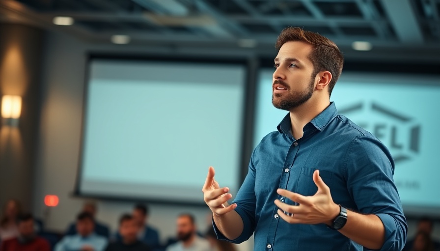 Motivational speaker discussing leaving your 9-5 job during presentation.