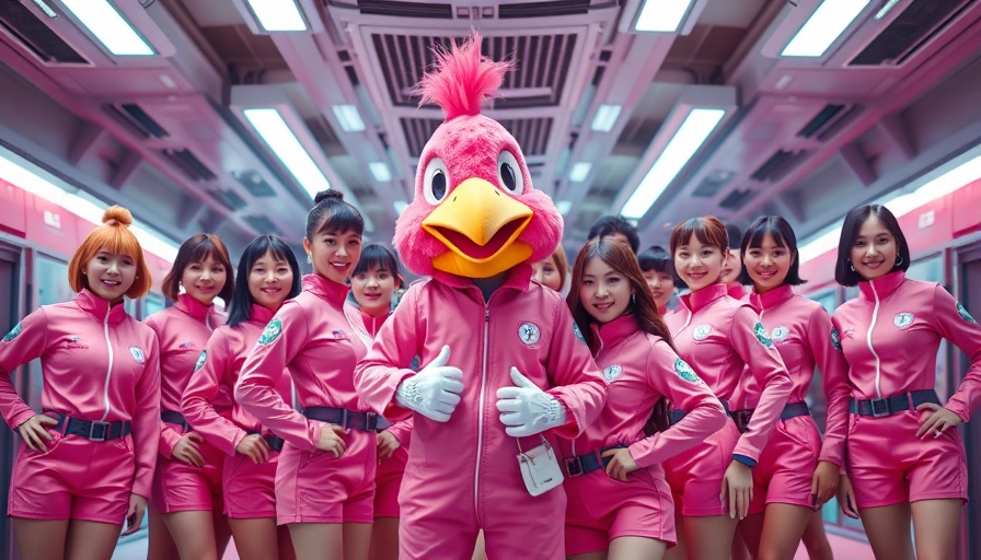 Characters in pink uniforms with mascot, symbolic of AI jobs crisis.
