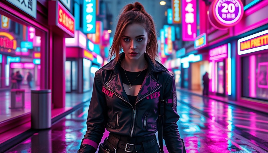 Kling AI video generation concept: young woman in cyberpunk city.