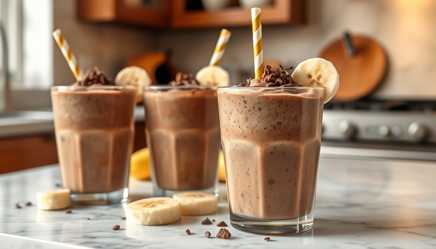 Chocolate Peanut Butter Banana Smoothies with toppings on marble.