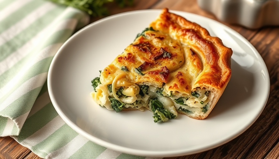 Artichoke Kale Ricotta Pie slice on white plate.