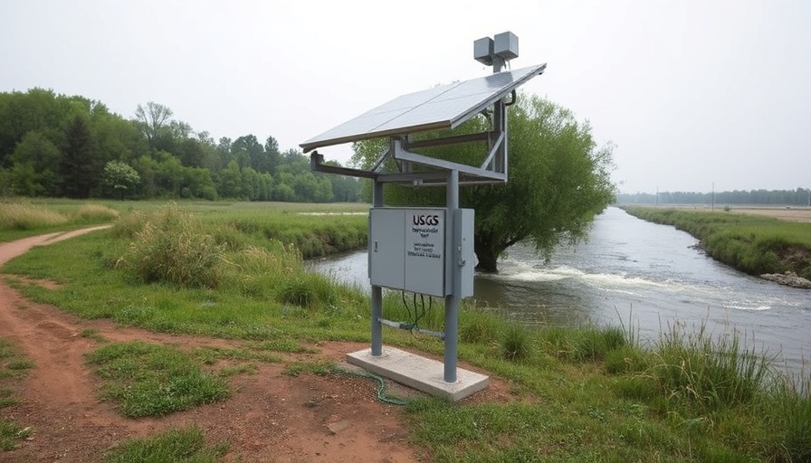 USGS water monitoring station near river with cloudy sky.