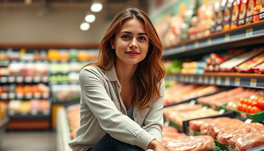 Teen wellness influencer sitting confidently in grocery store meat section.