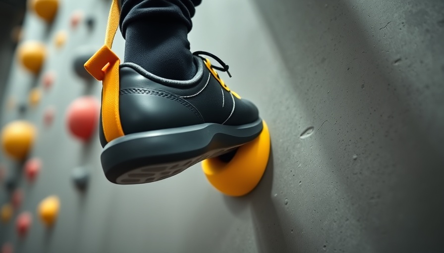 Close-up of climbing shoe gripping a hold, highlighting potential harmful chemicals.