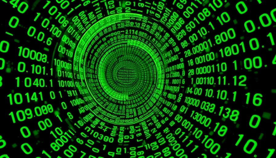 Green binary code swirl depicting AI data analytics theme.