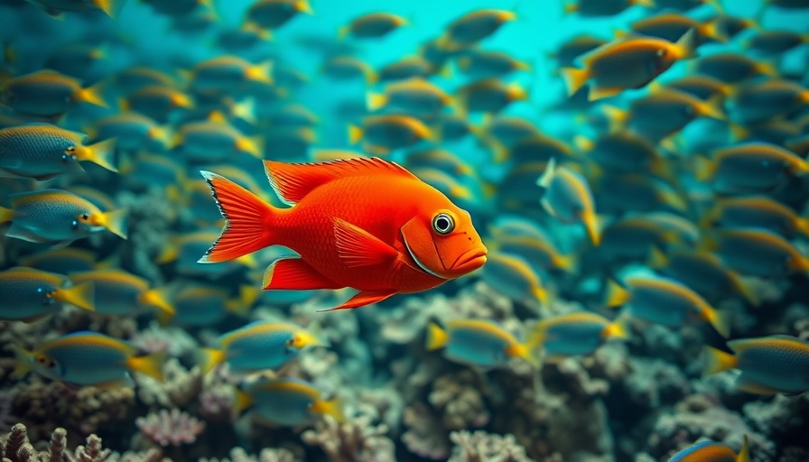 Red fish stands out from school, illustrating stand out online.