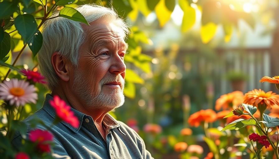 Elderly man enjoying tranquility in a vibrant garden, secrets of human longevity.