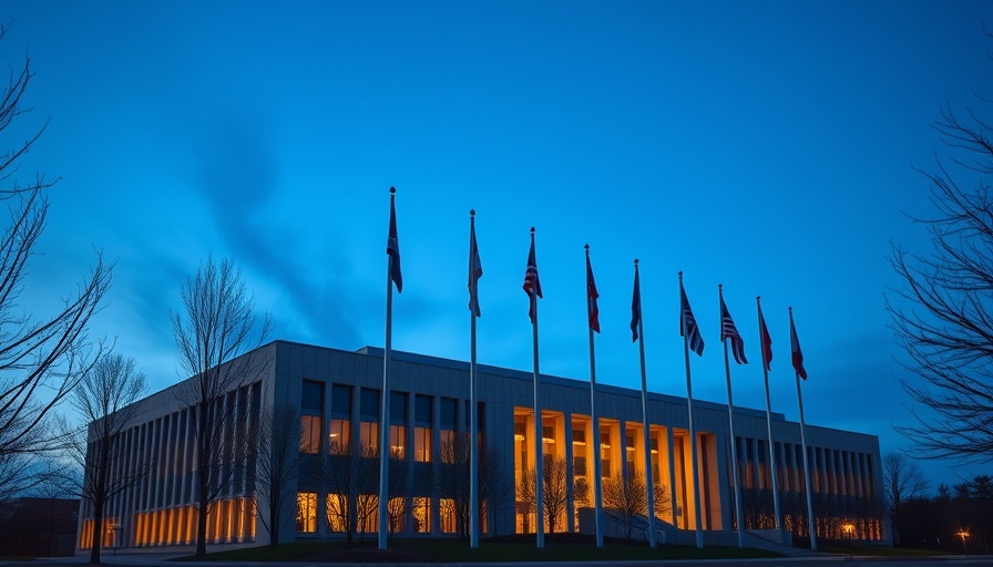 Tall building with flags at dusk, SSA mistakenly marks living beneficiaries as dead.