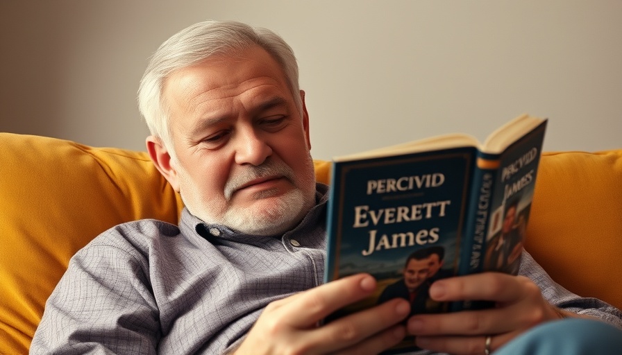 Senior man reading 'Percival Everett James' book, book club setting.