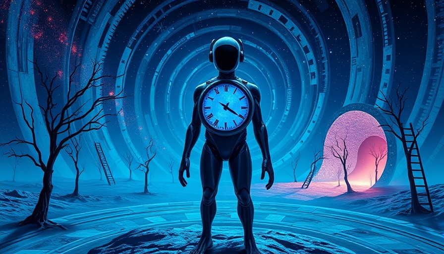 Surreal cosmic dreamscape illustrating ChatGPT hallucinations with a clock-faced figure.