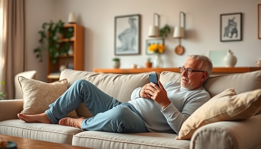 Relaxed middle-aged man on sofa checking phone, cozy living room.