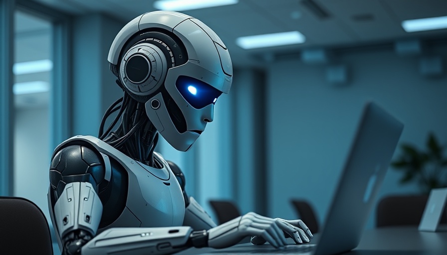 AI-powered presence verification by futuristic robot at laptop.