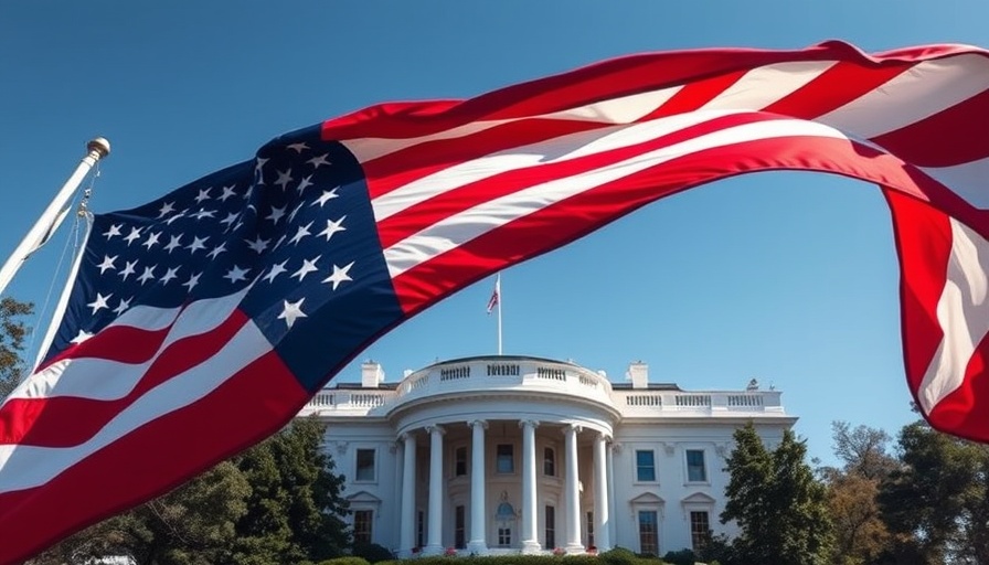 Dynamic American flag overlaying White House, patriotic scene.