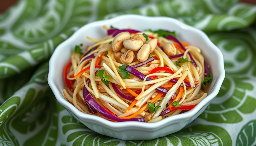 Vibrant Thai cabbage salad with peanuts in a white bowl.