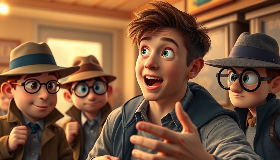 AI video technology fun with animated detectives and speaker.
