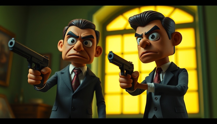 Animated puppets in suits with serious expressions indoors, cinematic photo.
