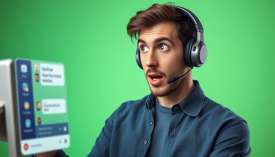 Young man interacting with a digital chat panel on a green background.