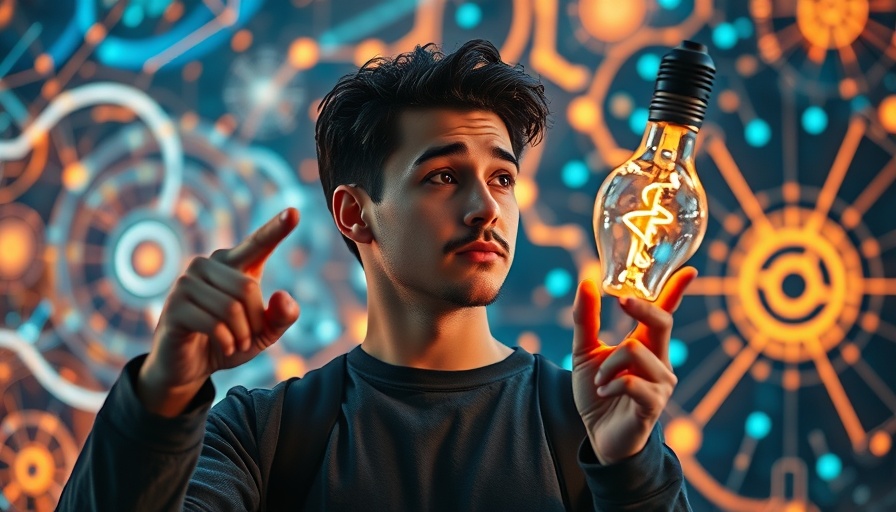 Aha Moment With AI: Young man with pointing gesture in futuristic setting.