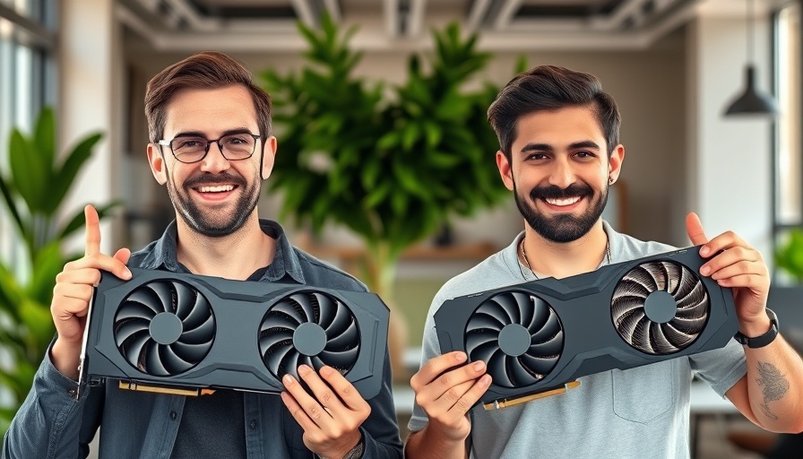 Fastino AI models gaming GPUs held by two smiling men in office setting.