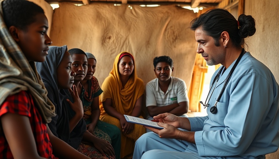 Healthcare worker and villagers discussing parasitic infection treatment in Africa.