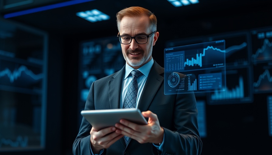 C-suite AI-savvy leader holding tablet with holographic data projection.
