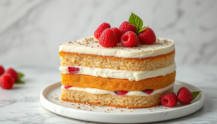 Layered almond lemon raspberry poppy seed cake slice.