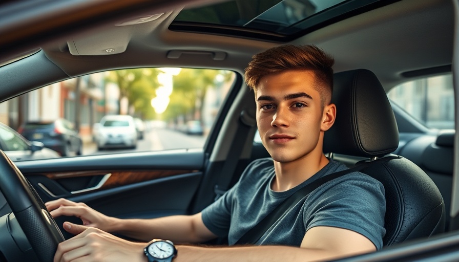 Young person in luxury car on urban street, casual scene.