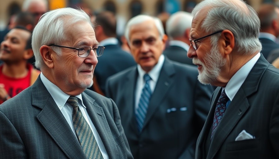 Two elderly men in suits conversing in a public setting, focus on dialogue.