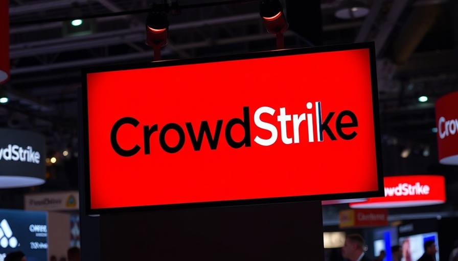 Illuminated CrowdStrike sign at event with red backdrop.