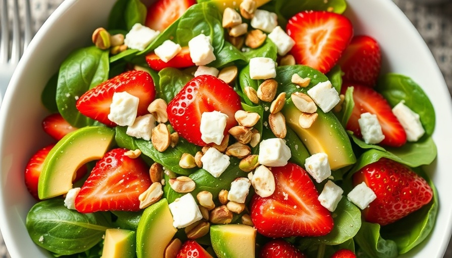 Summer Strawberry Spinach Salad with avocado in a white bowl