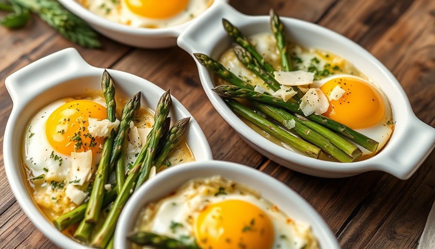 Baked eggs and asparagus with Parmesan in white dishes on wooden table.
