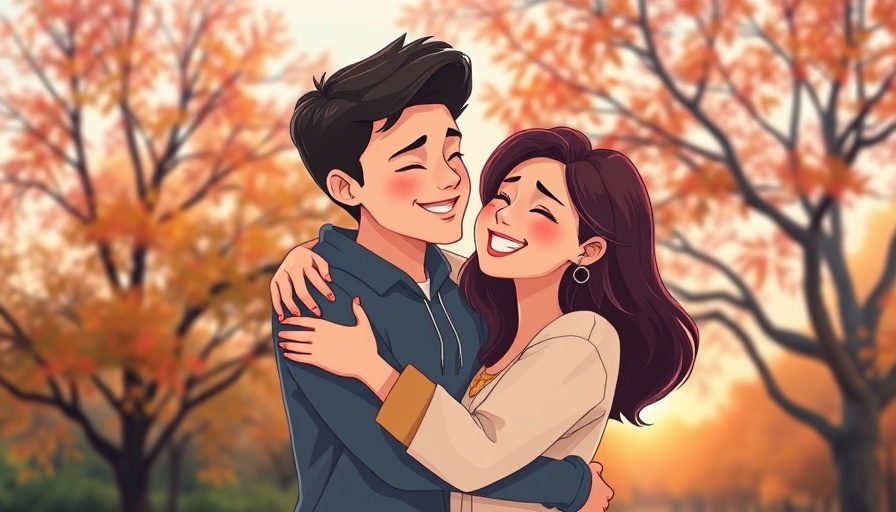 A loving couple embracing in a serene outdoor setting with trees.