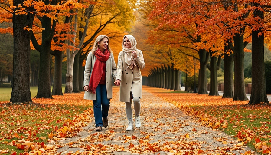 Mother and child walk hand-in-hand on a leaf-covered path, fall day.