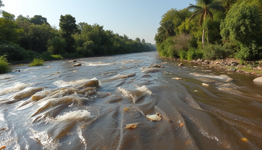 Polluted river with trash highlighting antibiotic pollution.