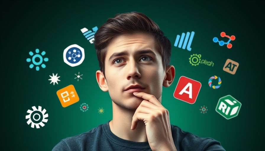 AI tools and upgrades concept with a thoughtful man surrounded by logos.