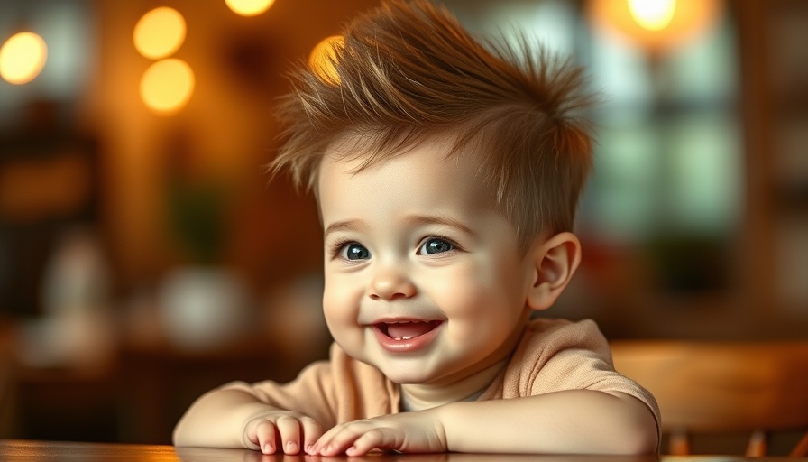 Adorable baby sitting at table with soft lighting, spiky hairstyle.