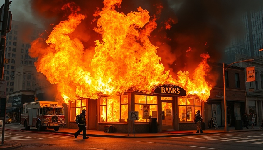 Firefighters combating blaze at a bank during a climate crisis disaster.