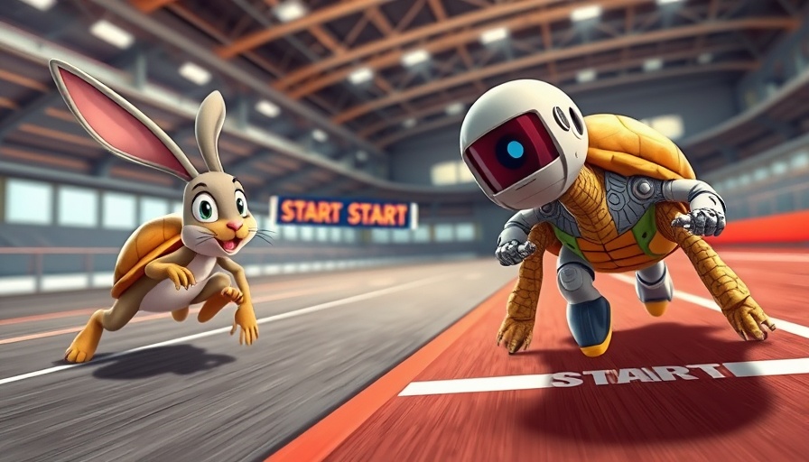 AI R&D Automation illustrated with tortoise, rabbit, robot race.