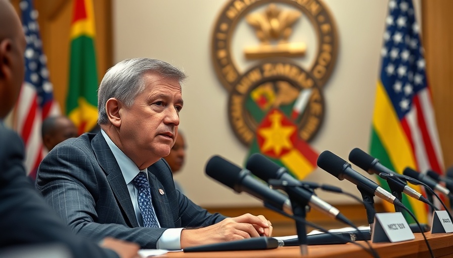 U.S. ambassador in Zambia sitting at a press conference table.