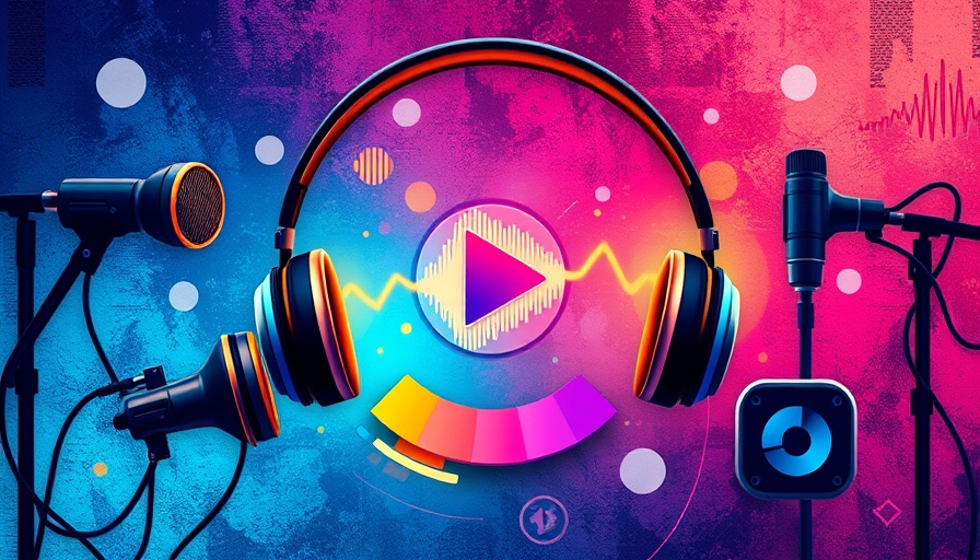 Colorful podcast illustration with microphones, headphones, and charts