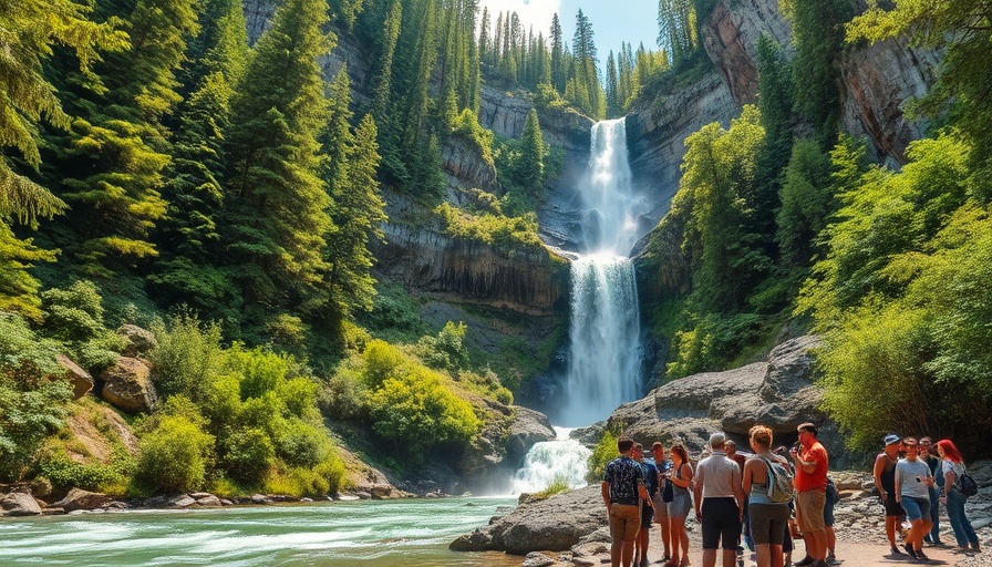 Visitors view waterfall amid national park landscape.