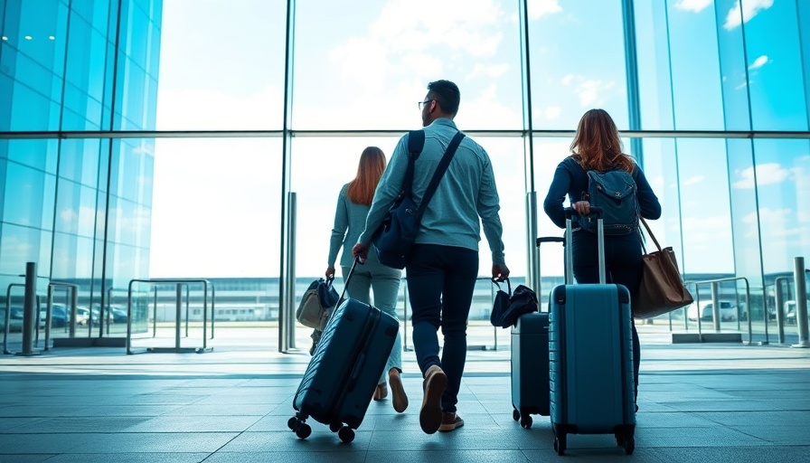 Travelers at Stansted Airport entrance, clear day sky.