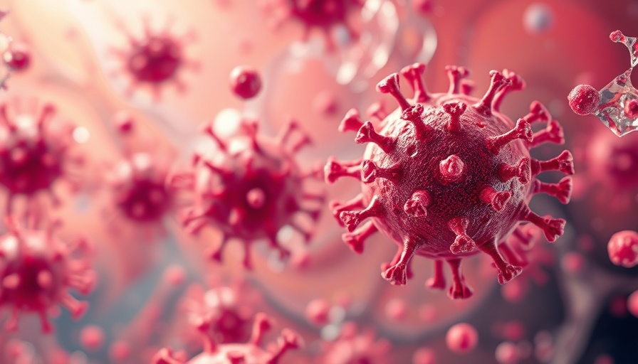Microscopic view of virus particles, vibrant and detailed structures.