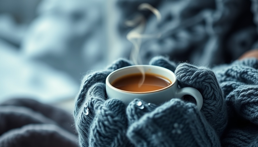 Hands in knitted gloves holding a steaming mug, cozy winter moment.