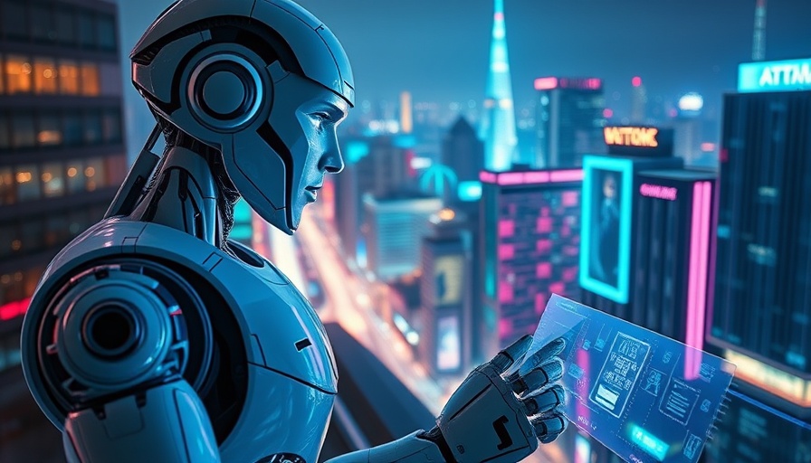 Futuristic robot interacting with interface in vibrant cityscape.